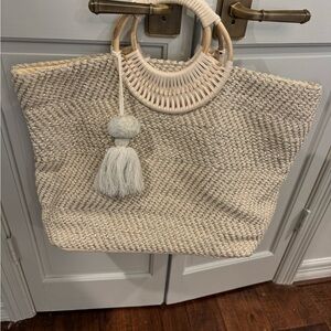 Trendy Boutique Cream, Tan, & Silver Metallic Tote Bag with Tassle